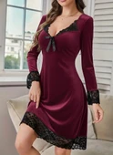 MDB Kadın Uzun Kollu V Dantel Yakalı Mini Kadife Elbise thumbnail 1