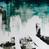 Beyaz  ve Petrol Yeşili Soyut Çalışma Kanvas Tablo 60 x 120 thumbnail 2