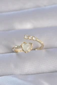 Pirinç Gold Renk Zirkon Taşlı Sedefli Kalp Model Ayarlanabilir Yüzük - TJ-BYK3233 thumbnail 1