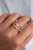 Pirinç Ayarlamalı Gold Renk Zirkon Taşlı 2li Görünüm Fiyonk Yüzük - TJ-BYK3287 thumbnail 2
