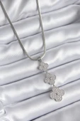 316L Çelik Gümüş Renk İtalyan Zincir Zirkon Taşı Yonca Model Kadın Kolye thumbnail 1