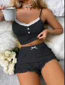 MDB MdbShop Siyah Üstüne Beyaz Dantel İşlemeli Askılı Şortlu Pijama Takımı thumbnail 2