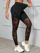 MDB Kadın Yüksek Bel Geometrik Desen File Detaylı Dalgıç Tayt thumbnail 2