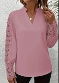 MDB Kadın Uzun Kollu Hakim Yaka Kolları Dantel Detaylı Ithal Krep Bluz thumbnail 1