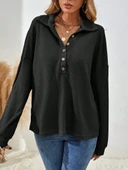 MDB Kadın Uzun Kollu Yakalı Düğmeli Salaş Waffle Bluz thumbnail 4