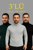 MDB Erkek Fitilli Triko Kazak 3lÜ et Gri Haki iyah Regular Balıkcı Yaka Tam Boğazlı Triko eti odeli Kazak thumbnail 1