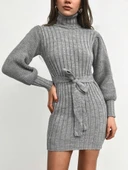 MDB Kadın Uzun Kollu Balıkçı Yaka Beli Kuşaklı Mini Triko Elbise thumbnail 5