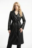 Kadın Siyah Uzun Deri Trençkot Cepli Kuşaklı Rüzgar Kapaklı Yeni Sezon Dış Giyim thumbnail 1