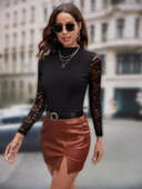 MDB Kadın Uzun Kollu Yarı Balıkçı Yaka Tüllü Kaşkorse Bluz thumbnail 2