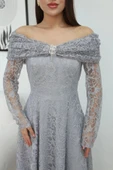 Aşkın Büyüsü Dantel Abiye Elbise 6055-Gri thumbnail 5