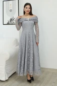 Aşkın Büyüsü Dantel Abiye Elbise 6055-Gri thumbnail 3