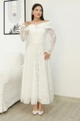 Aşkın Büyüsü Dantel Abiye Elbise 6055-Beyaz thumbnail 1
