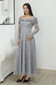 Aşkın Büyüsü Dantel Abiye Elbise 6055-Gri thumbnail 6