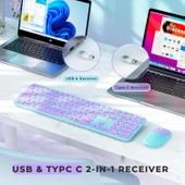 Seenda Kablosuz Klavye ve Mouse, USB ve Type-C - Mor/Yeşil thumbnail 2