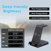 Phelinta Dijital Saatli, 4'ü 1 Arada Kablosuz Şarj İstasyonu Apple İçin - Siyah thumbnail 4