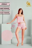 Kadın Crop Askılı Fırfır Detaylı %100 Pamuk Mini Şortlu Pijama Takımı Çeyizlik thumbnail 7