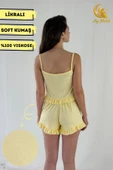 Kadın Crop Askılı Fırfır Detaylı %100 Pamuk Mini Şortlu Pijama Takımı Çeyizlik thumbnail 10