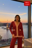 Kadın Triko Takım Şerit Detaylı Düğmeli Hırka ve Pantolon Alt Üst Takım thumbnail 1
