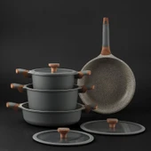 Jumbo Stone 4'lü Granit Tencere Seti – Greblon 3 Kat Kaplama, Ergonomik Ahşap Saplı, Kolay Temizlenen Farklı Ebatlar thumbnail 1