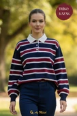 Kadın Triko Kazak Polo Yaka Çizgili Kısa Mevsimlik Kazak thumbnail 6