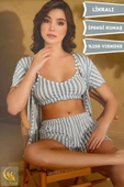 Kadın Crop Askılı Hırkalı %100 Pamuk Mini Şortlu Pijama Takımı Çeyizlik thumbnail 2