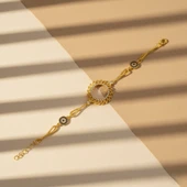 Altın Kaplama İmitasyon Güneş Model Nazar Boncuklu Çeyrek Çerçeveli Bileklik BLK-1218 thumbnail 4