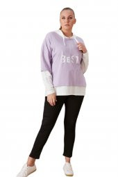 Fierte Kadın Büyük Beden Sweatshirt Rg4685 Sabit Kapüşon Uzun Kol Spor Baskı Desen Rahat Gül Kurusu Lila - 5