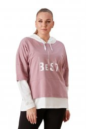 Fierte Kadın Büyük Beden Sweatshirt Rg4685 Sabit Kapüşon Uzun Kol Spor Baskı Desen Rahat Gül Kurusu Lila - 6