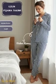 Kadın Pijama Takımı Pamuklu Polo Yaka Çizgili Takım thumbnail 11