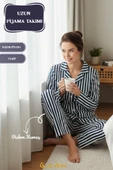 Kadın Pijama Takımı Pamuklu Polo Yaka Çizgili Takım thumbnail 12