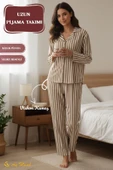 Kadın Pijama Takımı Pamuklu Polo Yaka Çizgili Takım thumbnail 9