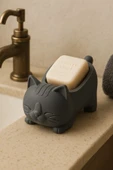 PAMUK'S DESİGN Dekoratif Kedi Figürlü Sabunluk & Süngerlik Şık ve Sevimli Banyo, Mutfak Aksesuarı Çok Amaçlı thumbnail 3