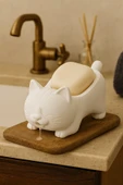 PAMUK'S DESİGN Dekoratif Kedi Figürlü Sabunluk & Süngerlik Şık ve Sevimli Banyo, Mutfak Aksesuarı Çok Amaçlı thumbnail 5