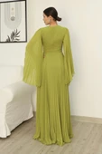 Kruvaze Yaka Yarasa Kol Pliseli Abiye Elbise 2235-Fıstık Yeşili thumbnail 6