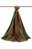 LÜKS MEDİNE BAROK BARDÜRLÜ LEOPAR DESENLİ HARDAL - ZÜMRÜT YEŞİLİ RENKLİ 75X195 KIRIŞMAZ ŞAL MOSS KREP DİKİŞ TİPİ İTALYAN DİKİŞLİ thumbnail 2