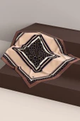 % 57 İPEK %43 VİSKON Twill İpek Gold Halka Desenli Bej - Kahverengi Renkli 90x90 Eşarp Dikim Şekli : El Dikişi thumbnail 6