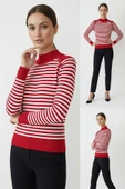 Kadın Omuz Taşlı Çizgili Triko Bluz Kırmızı thumbnail 2