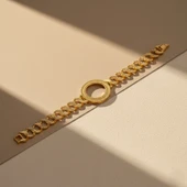 Altın Kaplama İmitasyon Zirkon Taşlı  Desenli Yarım Çerçeveli Zincir Bileklik BLK-1204 thumbnail 5