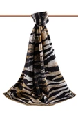 LÜKS MEDİNE İPEĞİ ZEBRA DESENLİ GOLD - SİYAH RENKLİ 75X195 KIRIŞMAZ ŞAL MOSS KREP DİKİŞ TİPİ İTALYAN DİKİŞLİ thumbnail 2