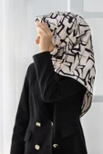 %100 Twill İpek Soyut Geometrik Desenli Krem - Siyah Renkli 90x90 Eşarp Dikim Şekli : El Dikişi thumbnail 1