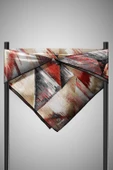 %100 Twill İpek Efektli ve Geometrik Desenli Bej - Kırmızı Renkli 90x90 Eşarp Dikim Şekli : El Dikişi thumbnail 6