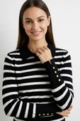 Kadın Polo Yaka Çizgili Kazak Siyah thumbnail 4