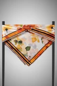 %100 Twill İpek Sulu Boyalı Çiçek Desenli Turuncu - Gold Renkli 90x90 Eşarp Dikim Şekli : El Dikişi thumbnail 6
