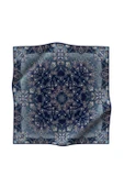 %100 Twill İpek Şal Desenli Lacivert - İndigo Renkli 90x90 Eşarp Dikim Şekli : El Dikişi thumbnail 2