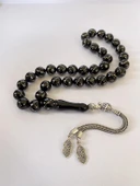 Tesbih TSBH0248BC 925 Ayar Gümüş Püsküllü Gümüş İşlemeli Küre Kesim Erzurum Oltu Taşı Tesbih thumbnail 2