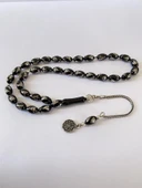 Tesbih TSBH0259BC 925 Ayar Gümüş Püsküllü Gümüş İşlemeli Beyzi Kesim Erzurum Oltu Taşı Tesbih thumbnail 1