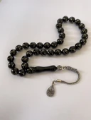 Tesbih TSBH0247BC 925 Ayar Gümüş Püsküllü Gümüş İşlemeli Küre Kesim Erzurum Oltu Taşı Tesbih thumbnail 1