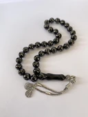 Tesbih TSBH0244BC 925 Ayar Gümüş Püsküllü Gümüş İşlemeli Küre Kesim Erzurum Oltu Taşı Tesbih thumbnail 2