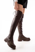 Kahverengi Fermuarlı Diz Üstü Bağcıklı Çorap Günlük Kadın Çizme thumbnail 1