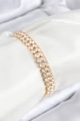 Pirinç Zirkon Taşlı Çift Sıra Kare Model Gold Renk Asansörlü Kadın Bileklik thumbnail 1